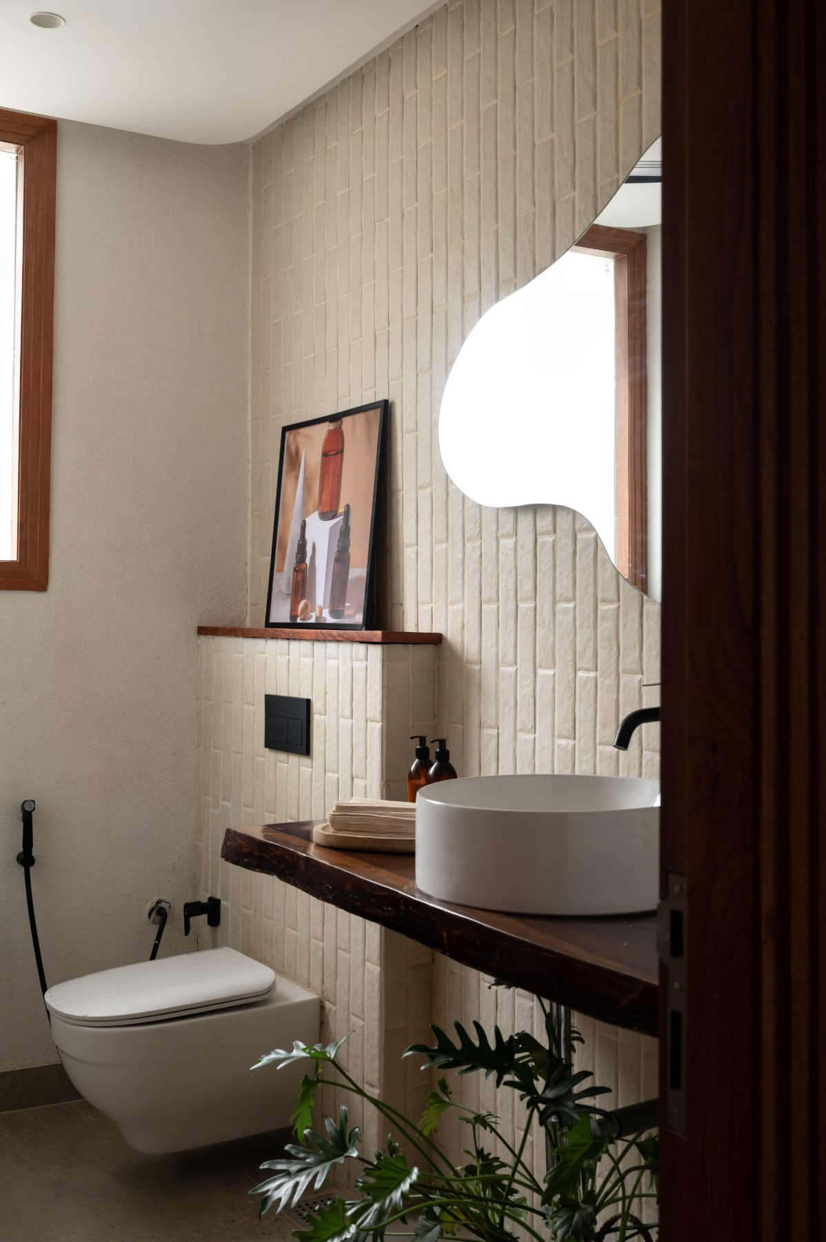Powder room in vertical hand-glazed tile