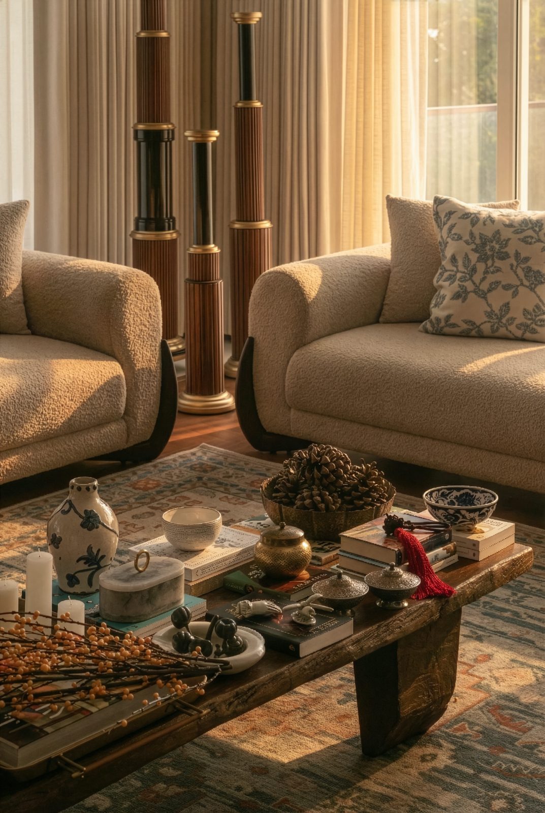 Golden-hour styling detail on a live-edge coffee table