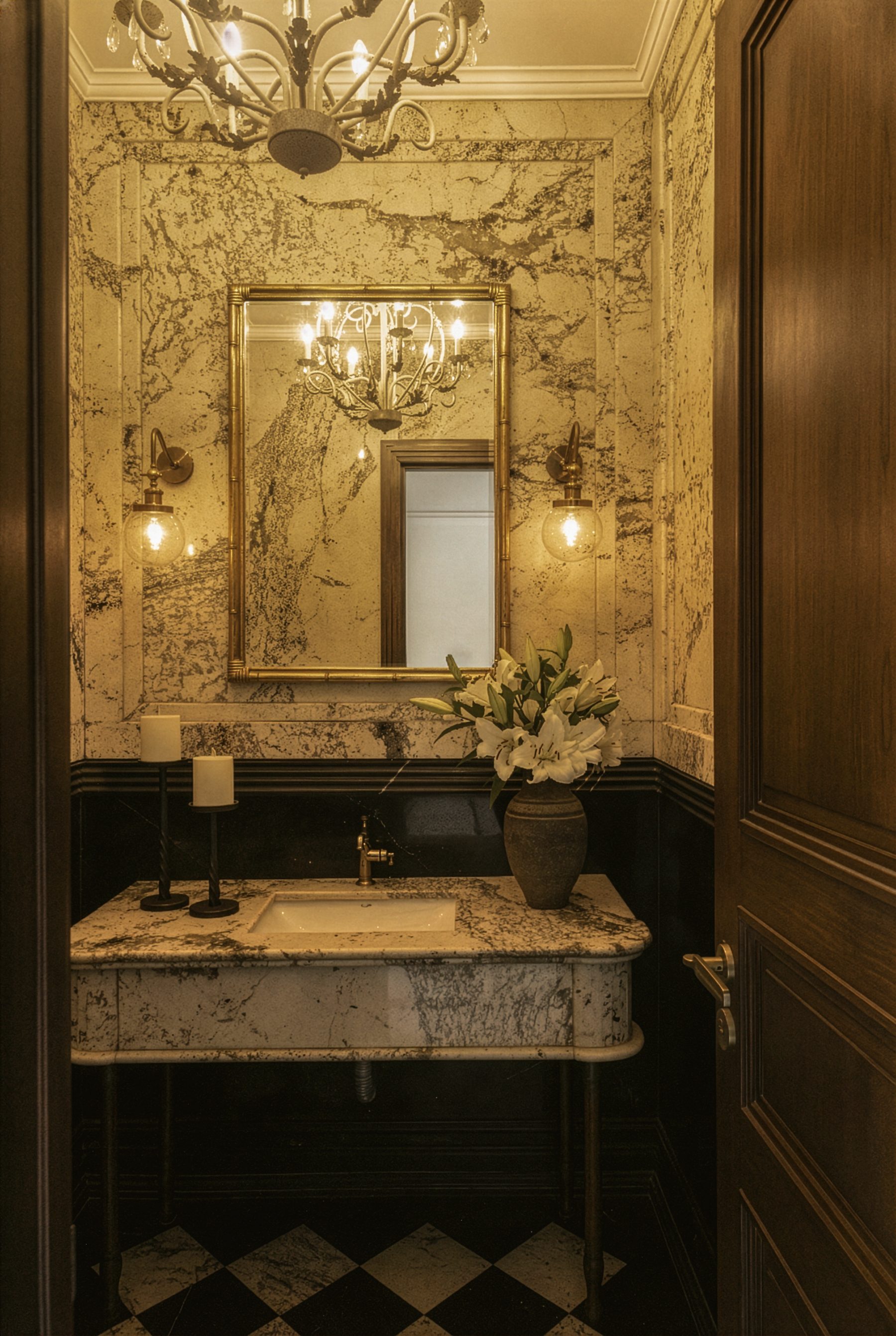 Powder room clad in book-matched statuary marble with a brass mirror
